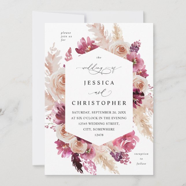 Boho Pink Pampas Grass Floral Wedding Beige Invitation (Front)