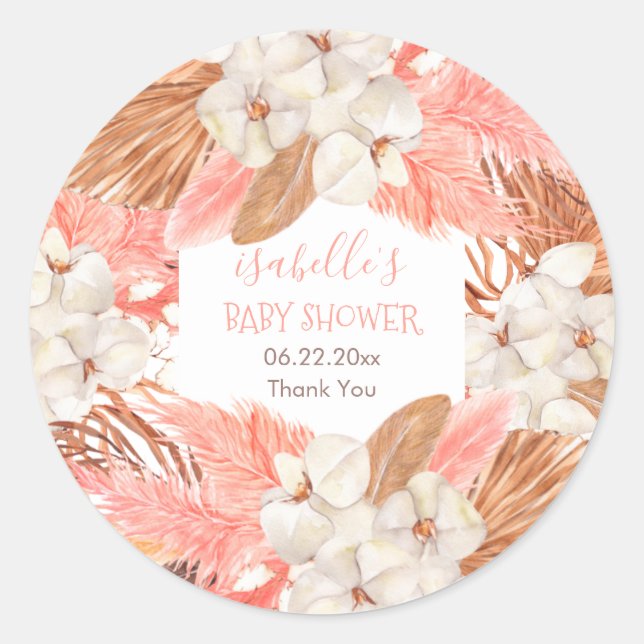 Boho Pink Pampas Grass Orchid Blooms Baby Shower Classic Round Sticker (Front)