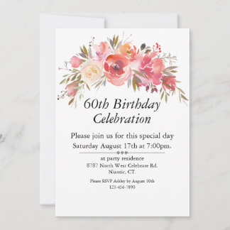 Boho Pink Peach Floral Greenery Customisable 60th  Invitation