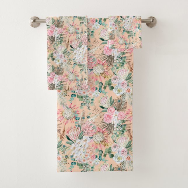 Boho Pink Peach White Floral Eucalyptus Trendy  Bath Towel Set (Insitu)