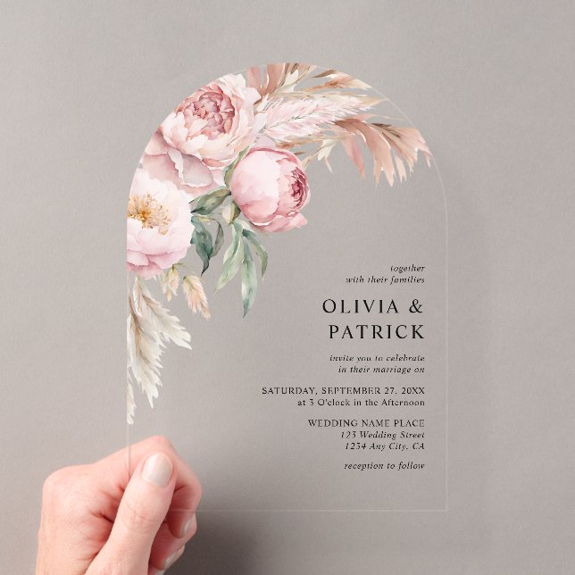 Boho Pink Peonies & Pampas Grass Floral Wedding Acrylic Invitations (Insitu (Handheld))