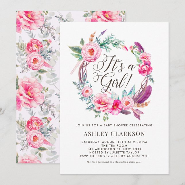 Boho Pink Peonies Wreath It's a Girl Baby Showers Invitation (Front/Back)