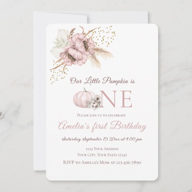  Boho Pink Pumpkin 1st Birthday Invitation (Front)