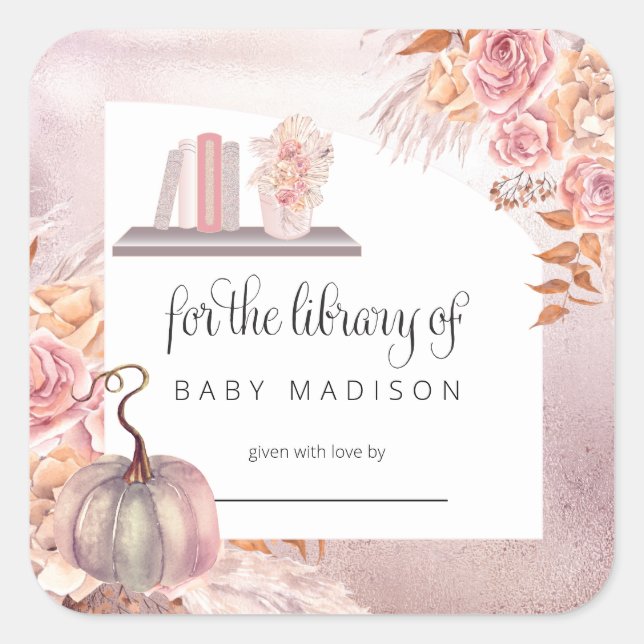 Boho Pink Pumpkin | Pampas Grass Baby Bookplate Square Sticker (Front)