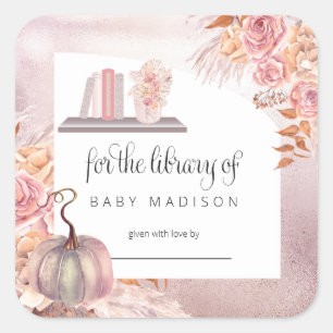 Boho Pink Pumpkin   Pampas Grass Baby Bookplate Square Sticker