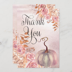 Boho Pink Pumpkin Pampas Grass Girl Baby Shower Thank You Card