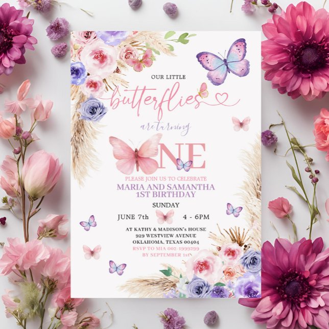 Boho Pink Purple Butterfly 1st Birthday Floral Invitation (Creator Uploaded)