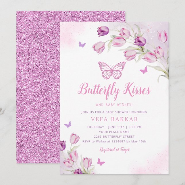 Boho Pink Purple Floral Butterfly Girl Baby Shower Invitation (Front/Back)
