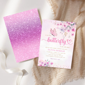 Boho Pink Purple Floral Butterfly Girl Baby Shower Invitation