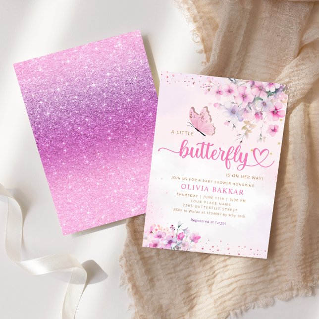 Boho Pink Purple Floral Butterfly Girl Baby Shower Invitation (Creator Uploaded)