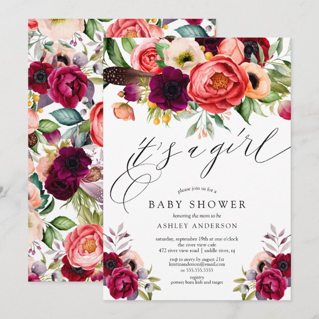 Boho Pink Purple Floral It's a Girl Baby Shower Invitation (Front/Back)
