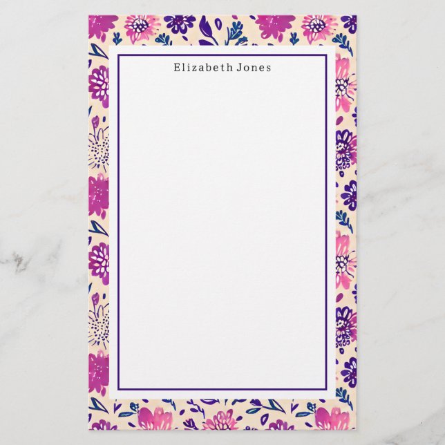 Boho Pink + Purple Floral Ombre Pattern Stationery (Front)