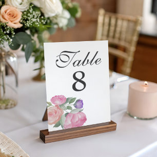 Boho Pink & Purple Watercolor Floral Wedding Table Number