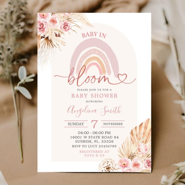 Boho Pink Rainbow Baby in Bloom Baby Shower Invita Invitation (Creator Uploaded)