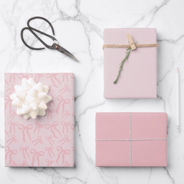 Boho Pink Ribbon Bows Pattern On Powder Blush Pink Wrapping Paper Sheet (Front)