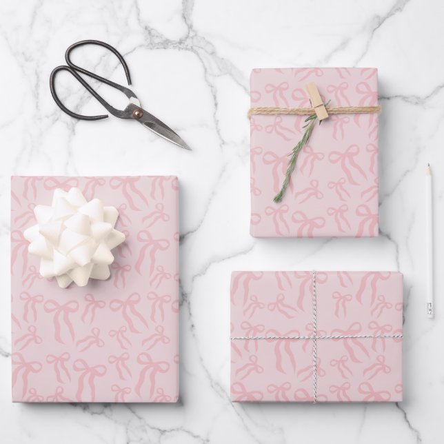 Boho Pink Ribbon Bows Pattern On Powder Blush Pink Wrapping Paper Sheet (Front)
