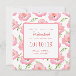 Boho Pink Rose Floral Watercolor - Bridesmaid Invitation
