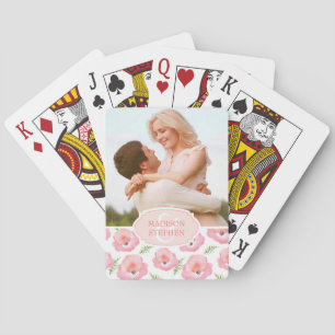 Boho Pink Rose Floral Watercolor - Wedding Photo Playing Cards