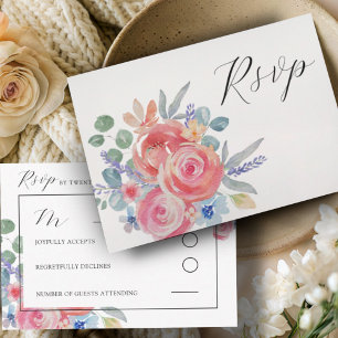 Boho Pink Rose Floral Watercolor Wedding RSVP Card