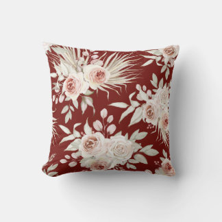 Boho Pink Roses on Burgundy Red Cushion