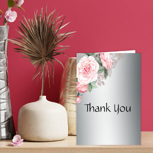 Boho Pink Roses Silver Elegance Wedding  Thank You Card