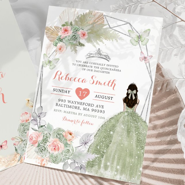 Boho Pink Sage Green Floral Geometric 15 Años Invitation (Creator Uploaded)