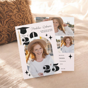 Boho Pink Stars Modern 4-Photo Graduation  Invitation