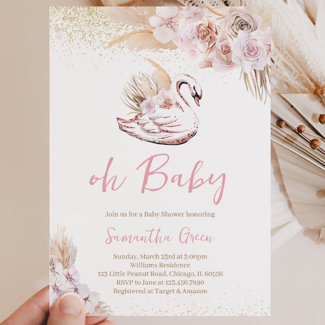 Boho Pink Swan Baby Shower Invitation (Creator Uploaded)
