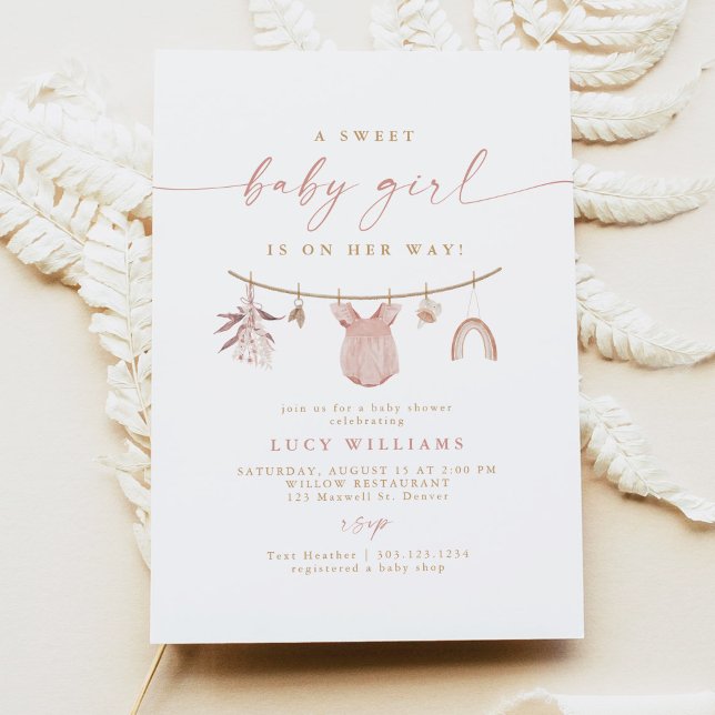 Boho Pink Sweet Baby Girl Clothesline Baby Shower Invitation (Creator Uploaded)
