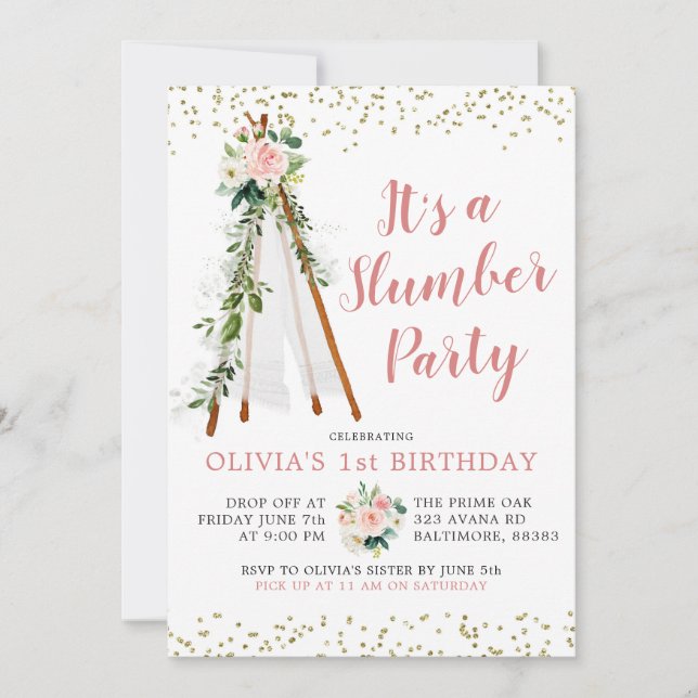 Boho Pink Teepee Slumber Party Birthday Invitation (Front)