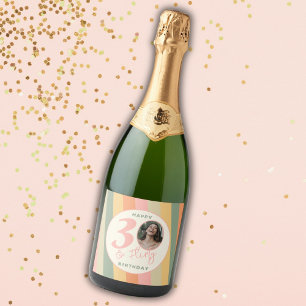 Boho Pink Thirty and Flirty Photo Birthday Party Sparkling Wine Label