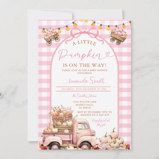 Boho Pink Truck Pumpkin Is on the way Baby Shower Invitation (Front)