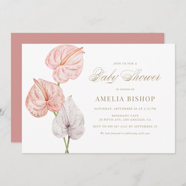 Boho Pink Watercolor Anthuriums Gold Baby Shower Invitation (Front/Back)