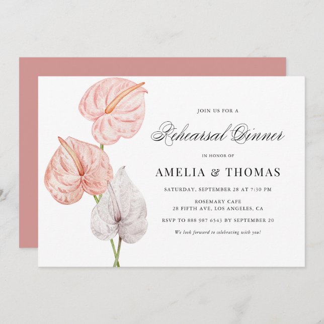 Boho Pink Watercolor Anthuriums Rehearsal Dinner Invitation (Front/Back)