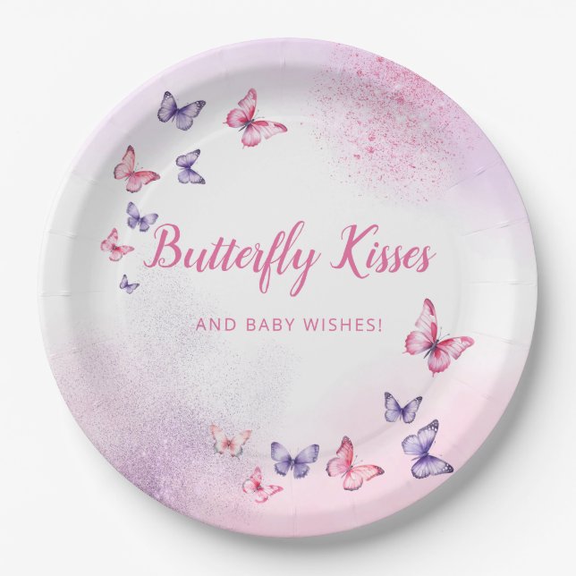 Boho Pink Watercolor Butterfly Baby Shower Paper Plate (Front)