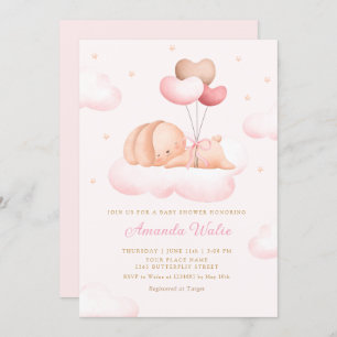 Boho Pink Watercolor Cute Balloon Girl Baby Shower Invitation