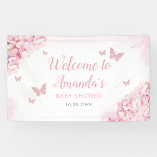Boho Pink Watercolor Floral Butterfly Baby Shower Banner
