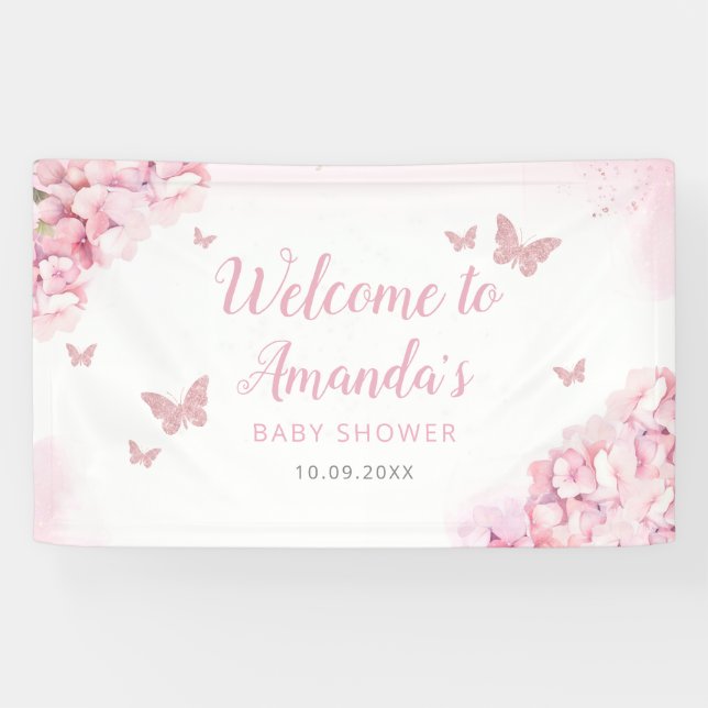 Boho Pink Watercolor Floral Butterfly Baby Shower Banner (Horizontal)