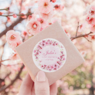 Boho Pink Watercolor Floral Butterfly Baby Shower Classic Round Sticker