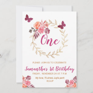 Boho Pink Watercolor Floral First Birthday Party  Invitation