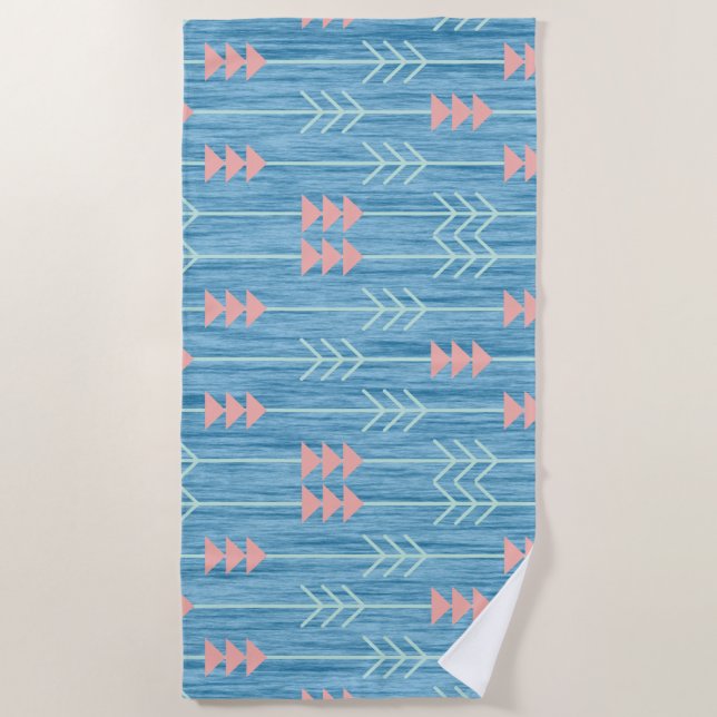 Boho Pink White Arrow Blue Background Beach Towel (Front)