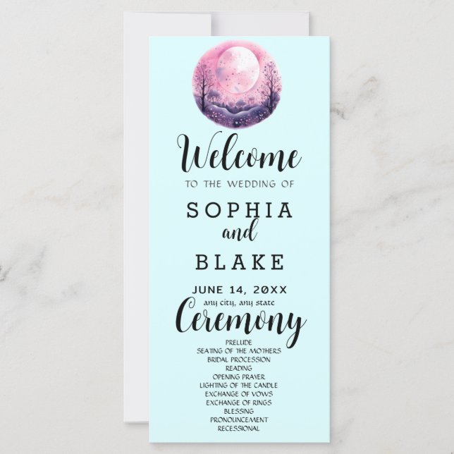 Boho Pink & White Full Moon Blue Wedding Program (Front)