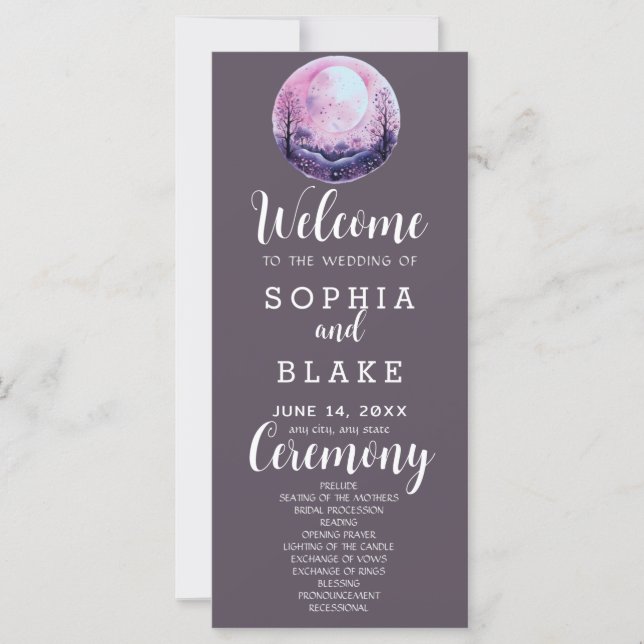 Boho Pink & White Full Moon Grey Wedding Program (Front)