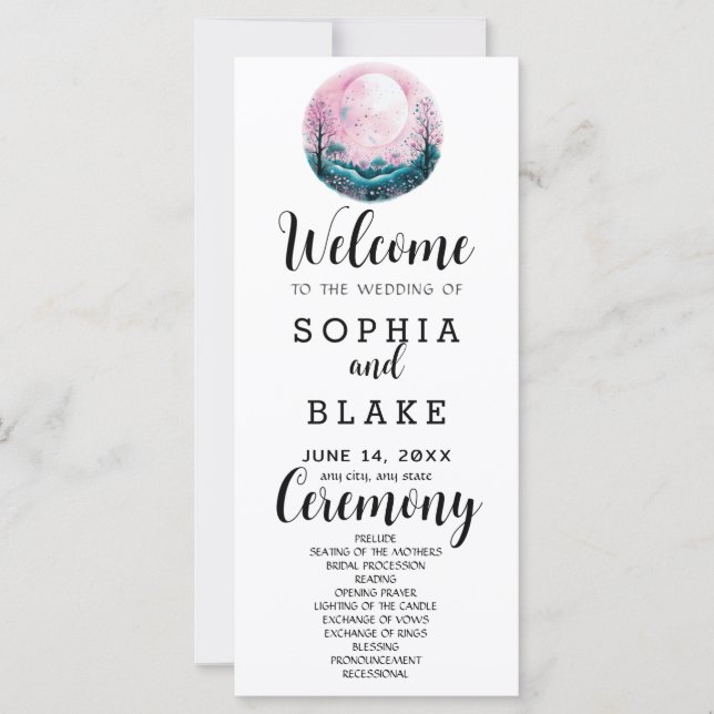 Boho Pink & White Full Moon White Wedding Program (Front)