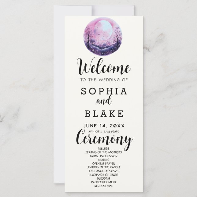 Boho Pink & White Full Moon White Wedding Program (Front)