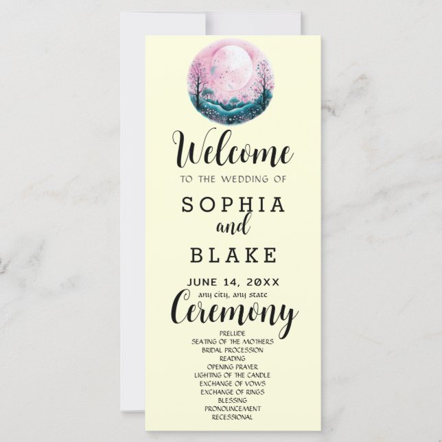 Boho Pink & White Full Moon Yellow Wedding Program (Front)