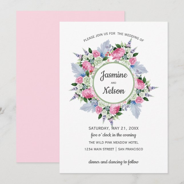 Boho  Pink White Lavender Flowers frame Wedding Invitation (Front/Back)
