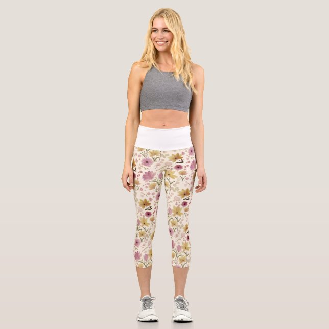 boho Pink Wildflower Watercolor  Capri Leggings (Front)