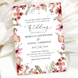 Boho Pink Wildflowers Elegant Wedding Invitation
