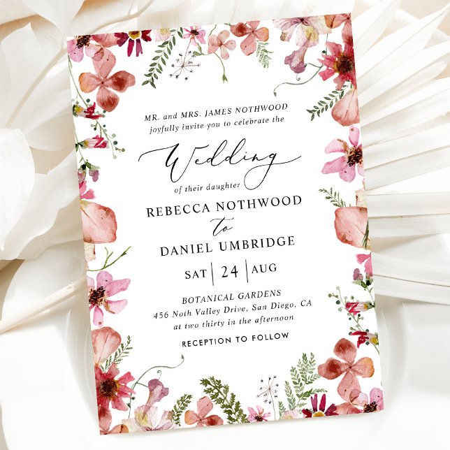 Boho Pink Wildflowers Elegant Wedding Invitation (Creator Uploaded)
